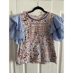 Anthropologie Let‎ Me Be Womens Small Floral Chambray Ruffle Flutter Sleeve Top